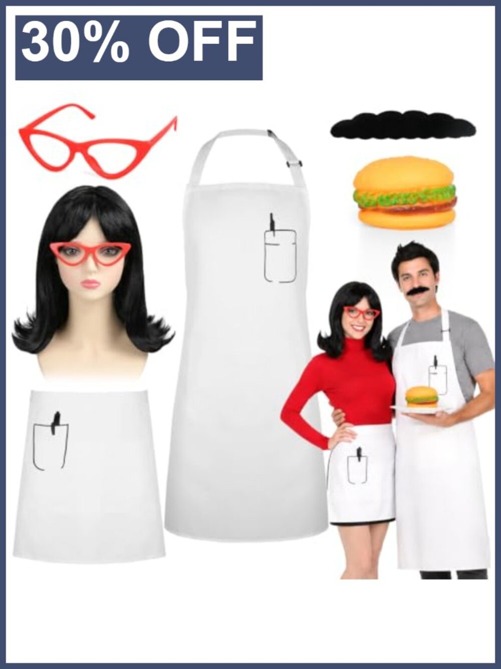 Couple Chef & Waitress Costume Set Aprons Wig Beard Glasses Hamburger Prop